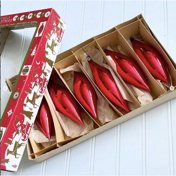 ONE BOX Vintage Old World Christmas Ornaments Teardrop Icicle Glass Red Set x6 - Picture 3 of 10